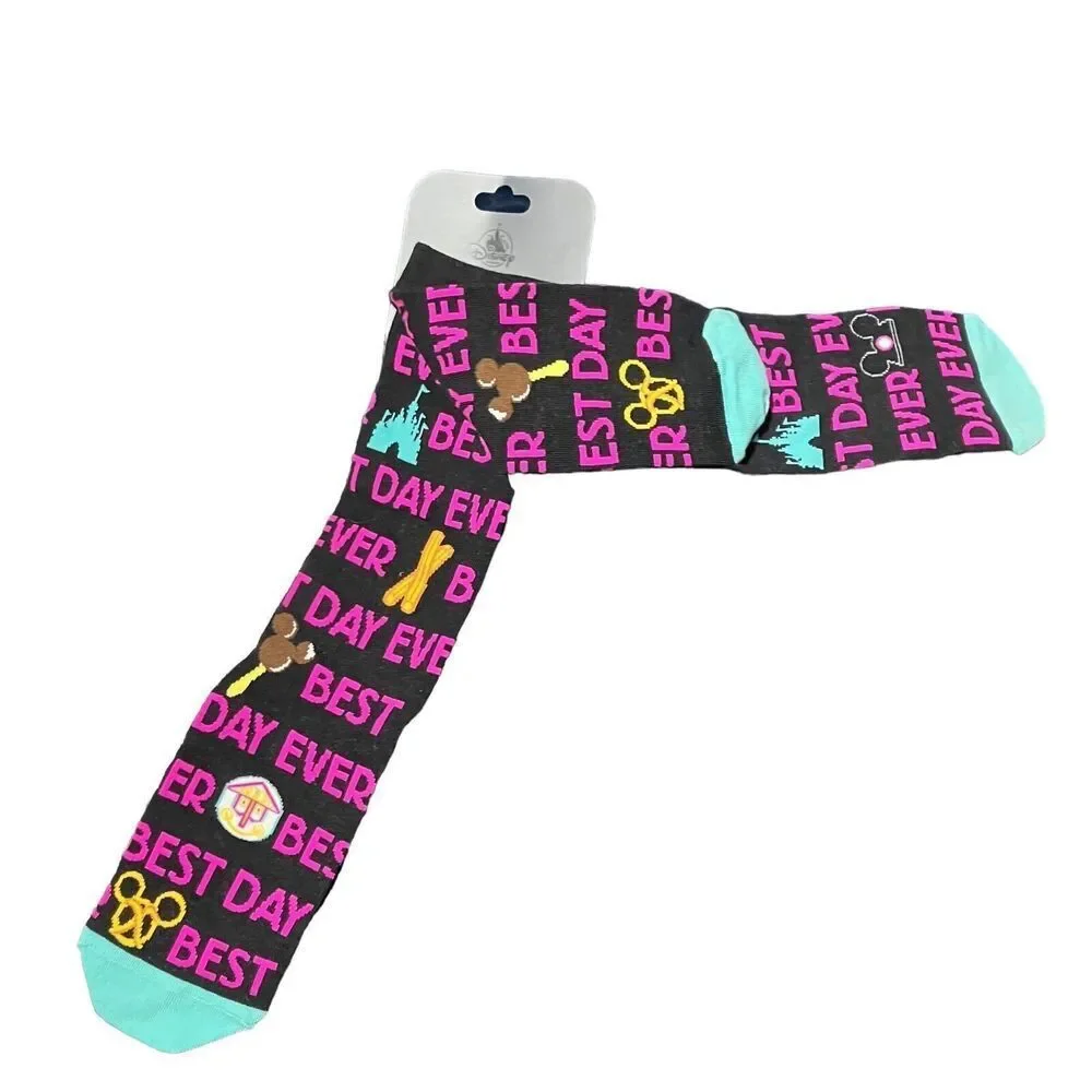 Disney Parks Socks‎ Adult Black Best Day Ever Castle Churro Pretzel Cotton Ears